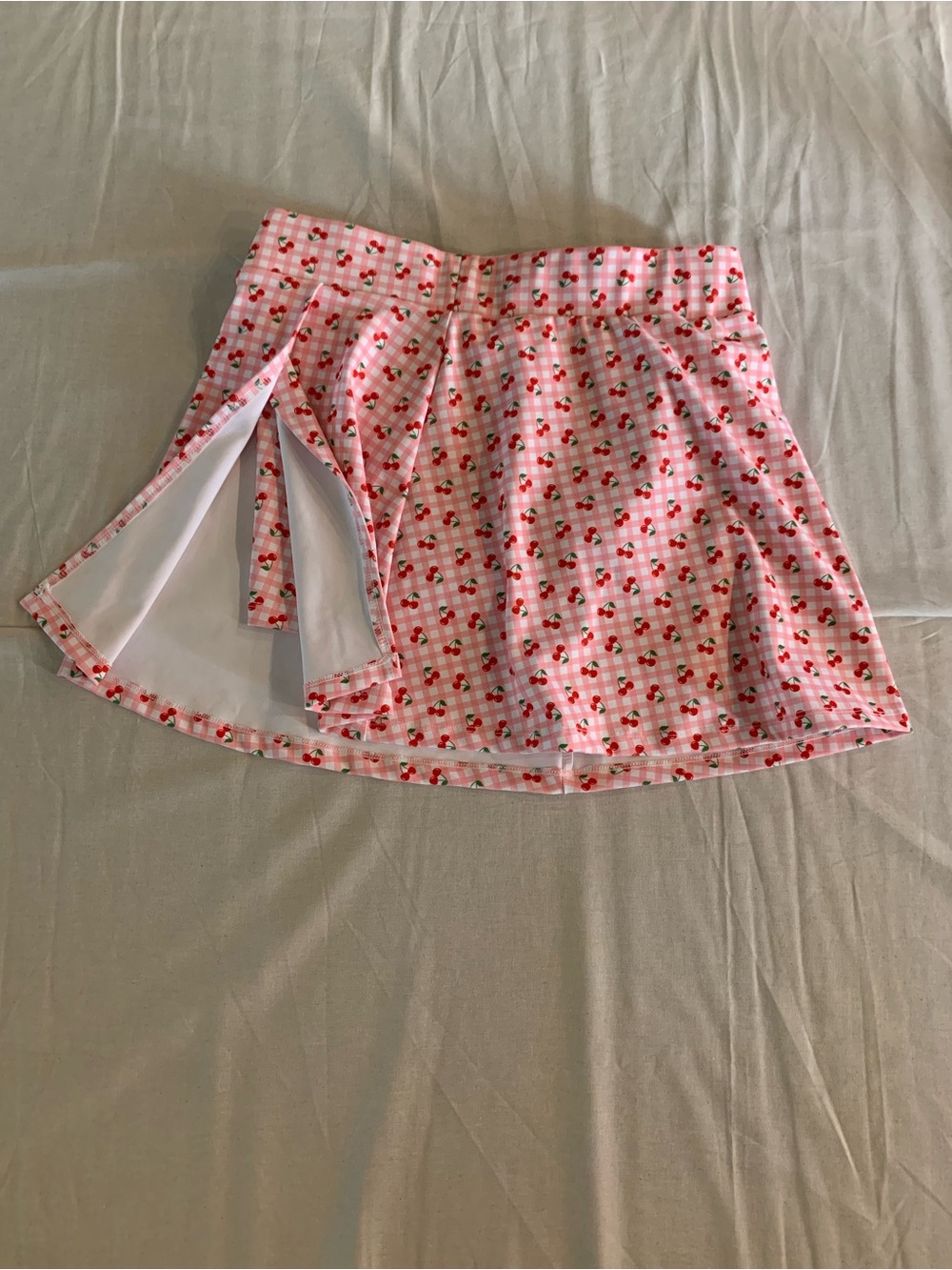 Pink Cherry-Print Circle Skirt with Side Slit